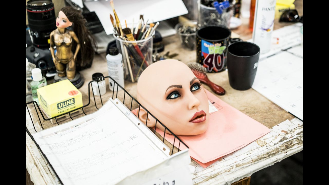 <strong>June 1:</strong> The detached face of a life-sized doll made by Realbotix sits on a desk in San Marcos, California. Matt McMullen, the creator of the RealDoll line of sex dolls, assembled a team of engineers to work on animating the dolls. 
