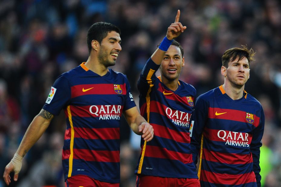 Neymar (C), Luis Suarez (L) and Lionel Messi all scored for Barcelona in its 4-0 victory over Real Sociedad.