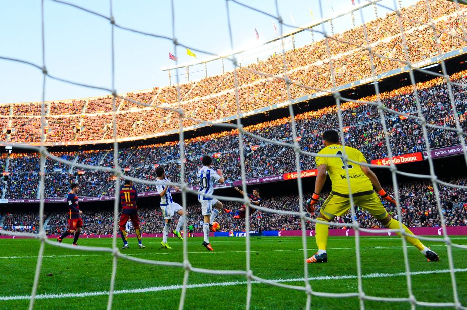 Luis Suarez fires home Barcelona's second goal against Real Sociedad with a spectacular volley.
