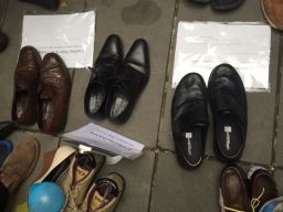 Activists laid out shoes where demonstrators might have stood.