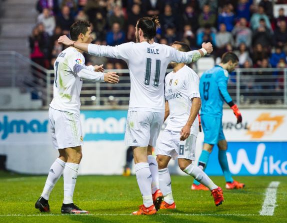 Cristiano Ronaldo celebrates his second half penalty with Gareth Bale, who scored Real Madrid's opener in the 2-0 win over Eibar.