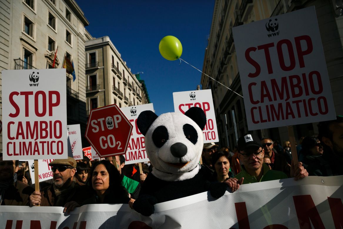 A protester dressed as a panda bear marches with others holding banners reading "stop climate change" through the streets of central Madrid, Spain.