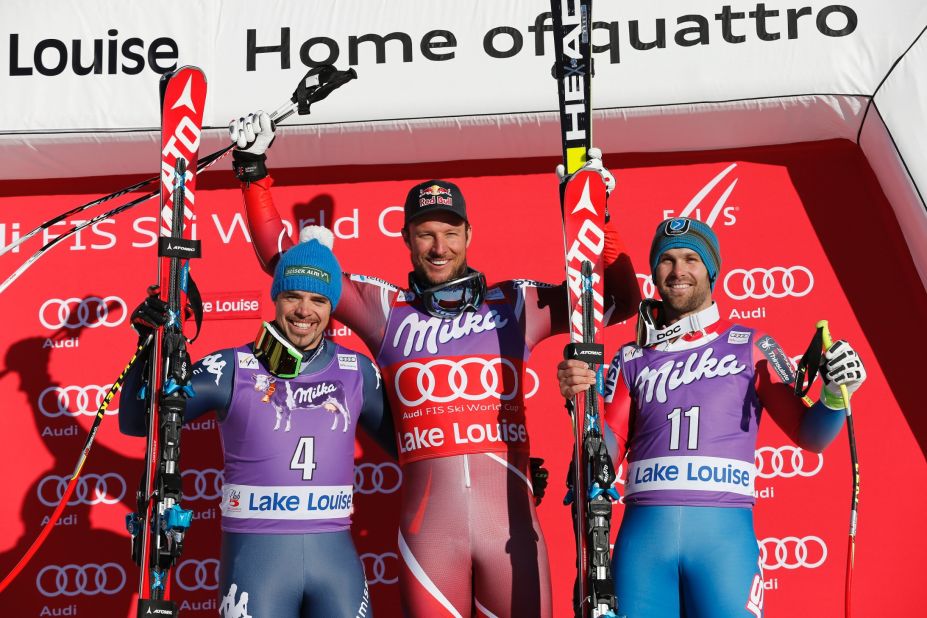 On the podium alongside Svindal in Saturday's race, Italy's Peter Fill and third-placed American Travis Ganong.