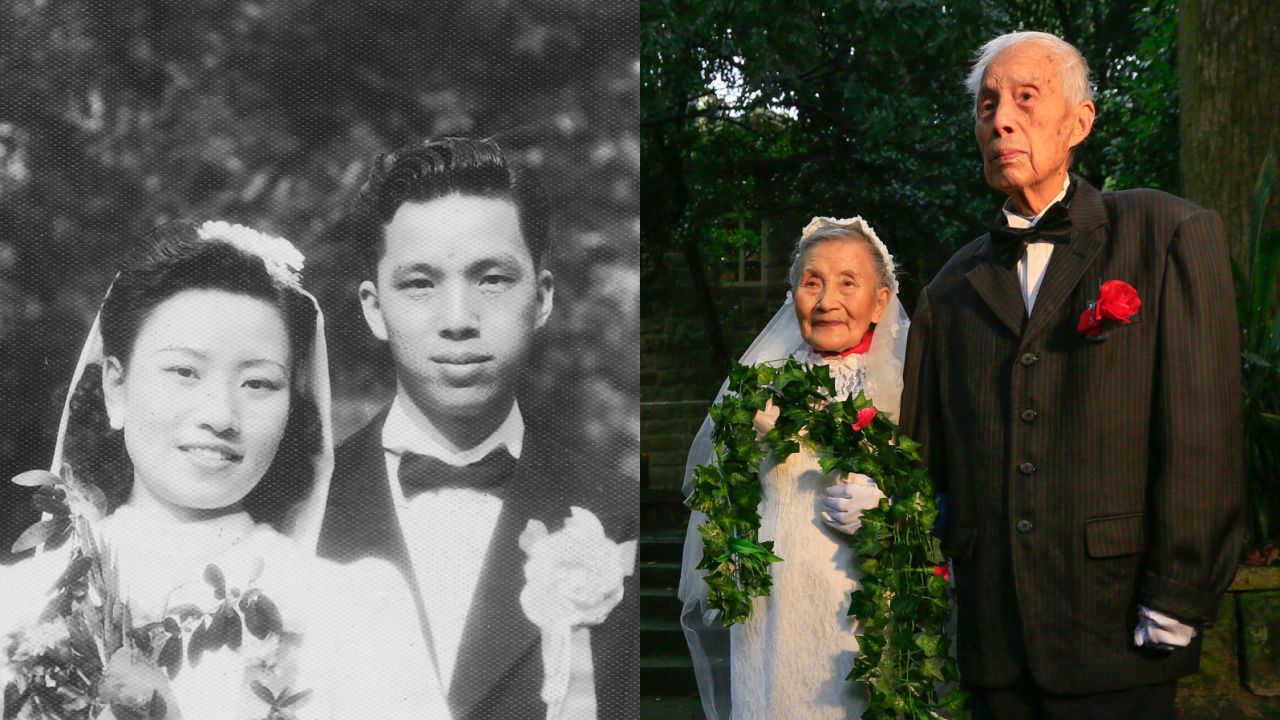 Cao Yuehua and his wife Wang Deyi on the day they were married in 1945, and 2015.