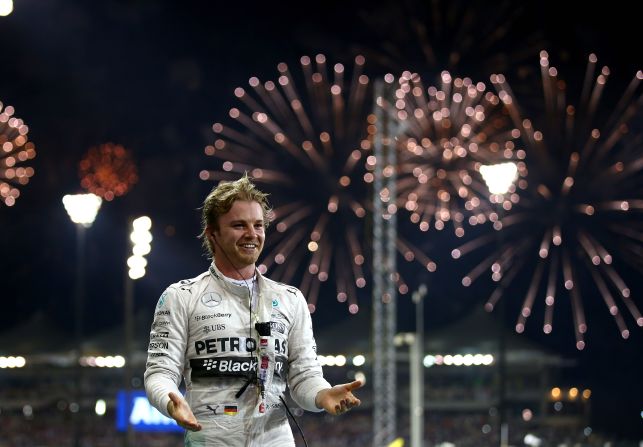 Mercedes driver Nico Rosberg was triumphant in Abu Dhabi, beating world champion and teammate Lewis Hamilton, from Great Britain, into second. It was the German's third victory in a row.