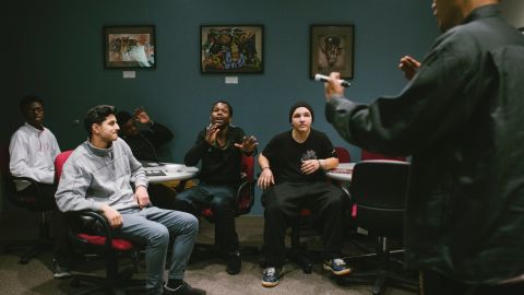 Students at the TRUE Skool afterschool arts program discuss what makes good song lyrics.
