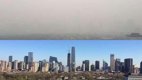 The top photo taken from CNN's Beijing Bureau, shows the city shrouded in smog on November 27, 2015, and the same view on a blue sky day just the day before.