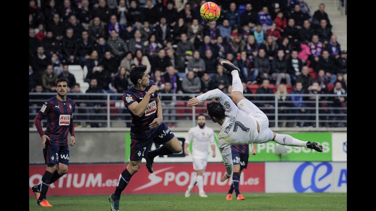 Real Madrid superstar Cristiano Ronaldo tries an overhead kick while playing a league match in Eibar, Spain, on Sunday, November 29.
