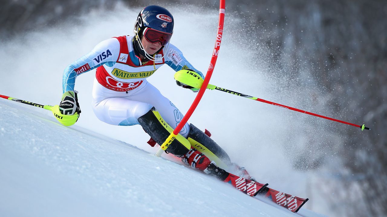 American skier Mikaela Shiffrin cuts a corner during a World Cup event in Aspen, Colorado, on Saturday, November 28. Shiffrin finished first in the slalom.