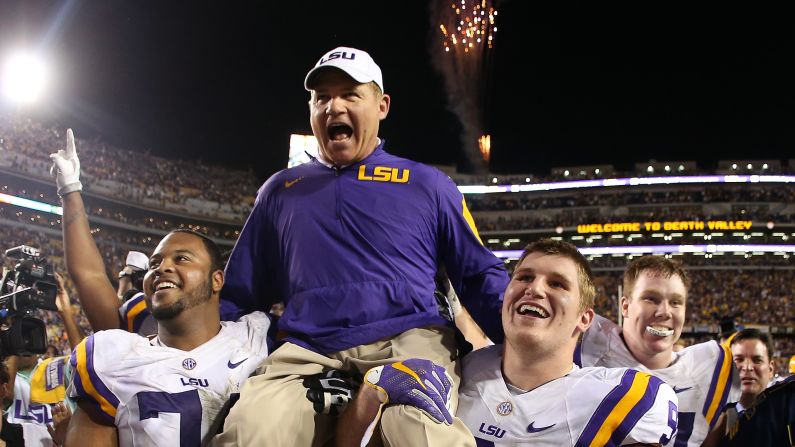 LSU head coach Les Miles is carried off the field by his players after a 19-7 home win over Texas A&M on Saturday, November 28. There were reports leading up to the game that Miles' job was in jeopardy, but the school's athletic director <a href="index.php?page=&url=http%3A%2F%2Fbleacherreport.com%2Farticles%2F2593928-les-miles-will-remain-as-lsu-head-coach-latest-details-comments-reaction" target="_blank" target="_blank">confirmed afterward that Miles would not be let go.</a>