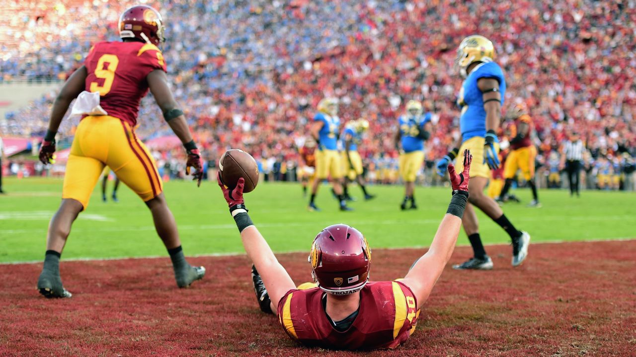 USC's Taylor McNamara celebrates his fourth-quarter touchdown during the Trojans' 40-21 victory over UCLA on Saturday, November 28. It was USC's first win in the Los Angeles rivalry since 2011, and it clinched the Pac-12 South Division title.