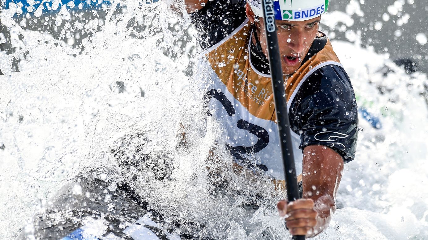 Brazilian canoeist Thiago Serra competes in a slalom race in Rio de Janeiro on Thursday, November 26. It was a test event for the upcoming Rio Olympics.