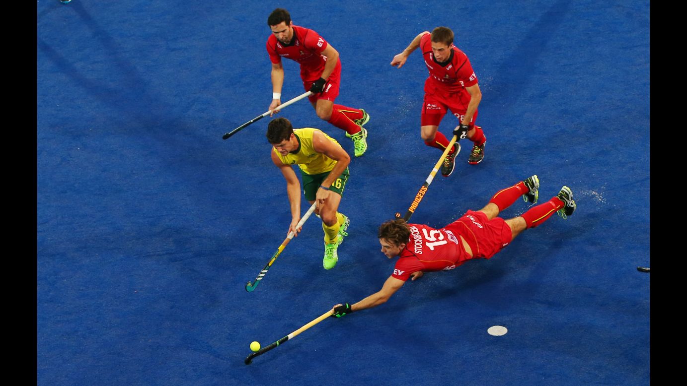 Belgian field hockey player Emmanuel Stockbroekx dives for the ball while playing Australia in a Hockey World League match on Saturday, November 28. The tournament is taking place in Raipur, India.