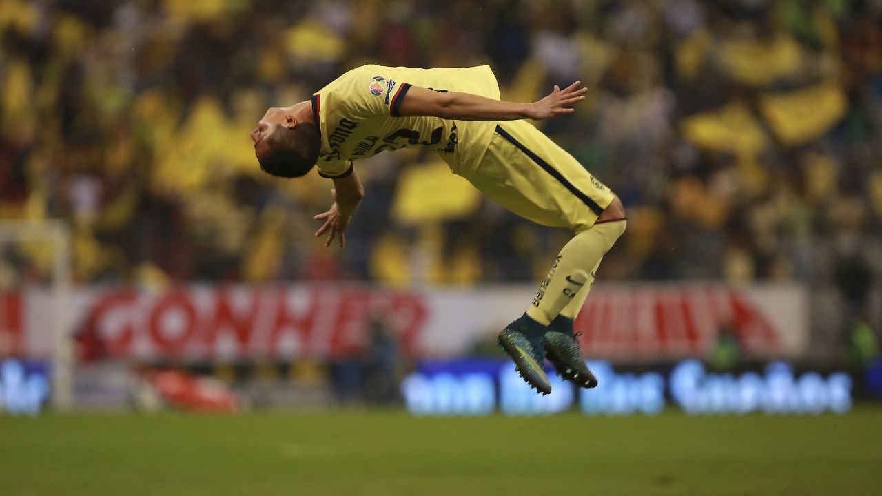 Club America's Paul Aguilar celebrates after scoring against Leon in the Mexican league's Apertura quarterfinals on Wednesday, November 25. Club America advanced to the semifinals by an aggregate score of 5-3.