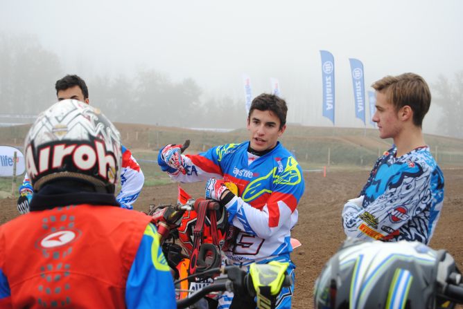 Marquez was at the training camp for junior motorcycle riders -- part of <a href="index.php?page=&url=http%3A%2F%2Fallianz-lapsforlife93.com%2F" target="_blank" target="_blank">Laps for Life 93</a>, a social initiative the rider is promoting.  