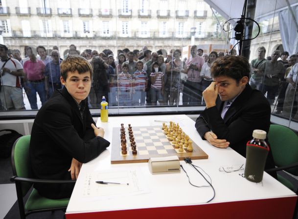 The world's No. 1 chess player Magnus Carlsen (pictured left playing Aronian, in 2008), has said the Armenian is one of his toughest opponents.<br />"There are several players who I find it difficult to play against. Probably the most difficult is Aronian," <a href="index.php?page=&url=http%3A%2F%2Fedition.cnn.com%2F2015%2F12%2F16%2Fsport%2Fmagnus-carlsen-chess-world-number-one%2F">Carlsen told CNN. </a>"I have a pretty good score against him, but he's probably outplayed me more times than anyone else at the top."
