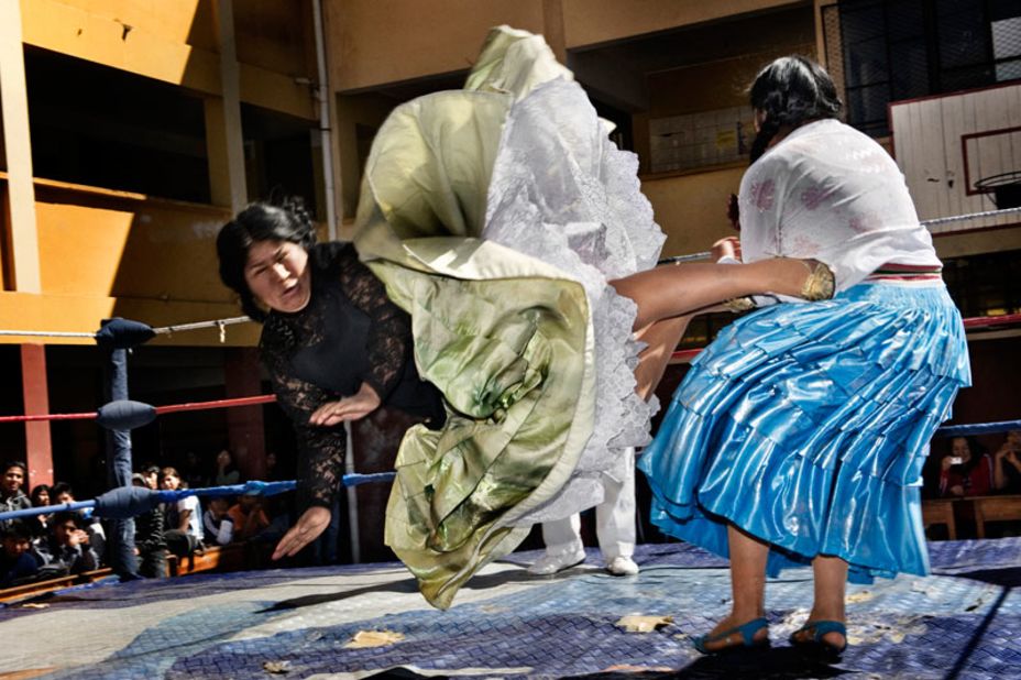 The wrestling Flying Cholitas juxtapose their dangerous moves with traditional feminine garb. 