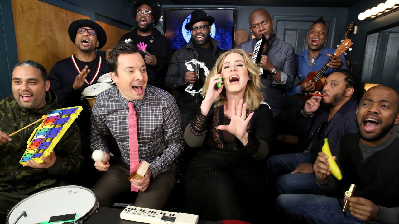 <strong>November 24:</strong> Singer Adele <a href="http://www.cnn.com/2015/11/25/entertainment/adele-jimmy-fallon-tonight-show-feat/" target="_blank">performs her hit single "Hello"</a> as she is accompanied by "Tonight Show" host Jimmy Fallon and his house band, The Roots, on classroom instruments.