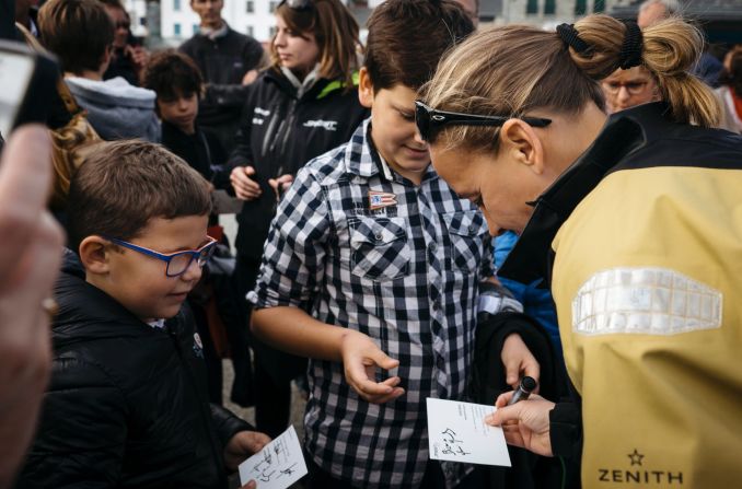 Bertarelli took time to sign autographs for the budding generation of potential Jules Verne Trophy winners prior to her departure with Guichard.
