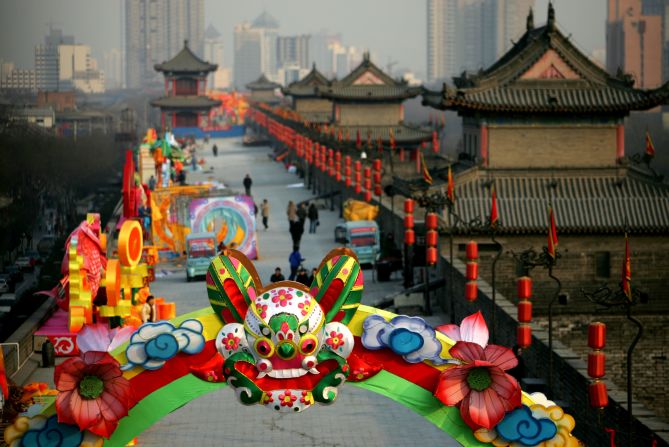 The wall is now a place for recreation and celebrations. Lanterns adorned the South Gate of the Xi'an City Wall to mark the forthcoming lunar new year.