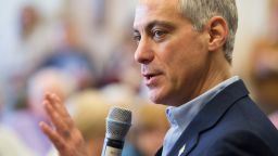 Chicago Mayor Rahm Emanuel talks with residents at a senior living center during a campaign stop on February 23, 2015 in Chicago, Illinois.