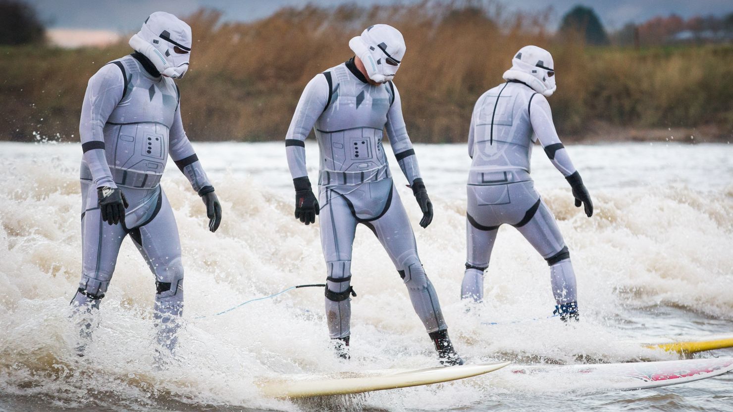 Surfers dressed up as stormtroopers to highlight "The Force Awakens" location in nearby woods.