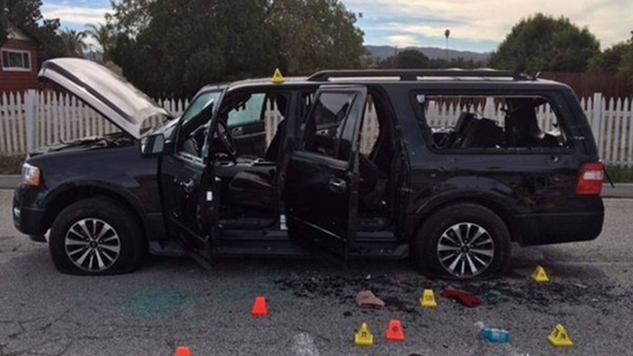 The shooters' black SUV after the gunfight with police.