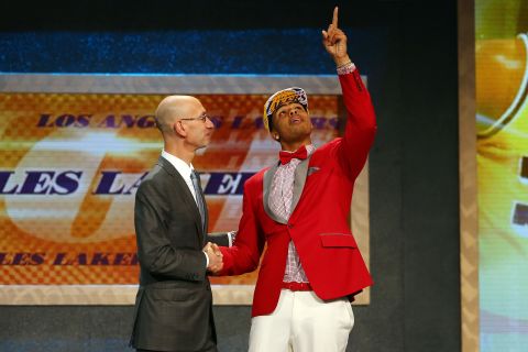 D'Angelo Russell of the Lakers praises God after becoming the second overall pick. 