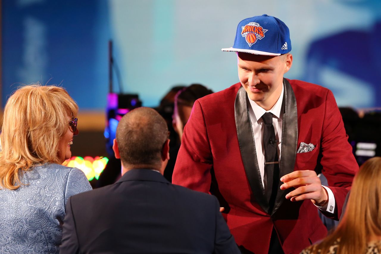 Latvia's Kristaps Porzingis, the Knicks' new 7-foot 3-inch center, celebrates after being selected fourth overall. 
