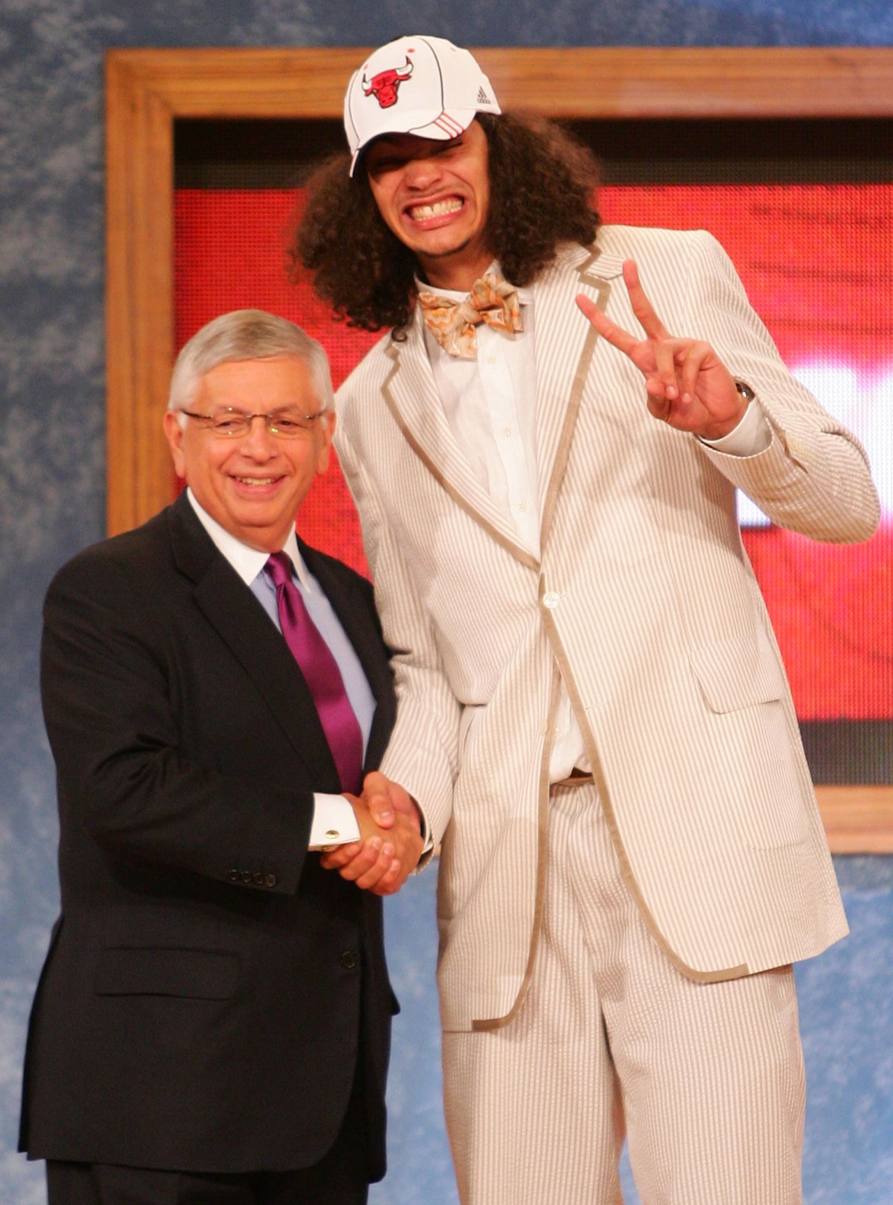 In 2007, the Bulls' Joakim Noah went all-out for the draft, as he posed with then NBA commissioner David Stern. "It's cool to be a little traditional, and that way they won't keep on showing your picture 20 years from now," says Chris Bosh of the Miami Heat. 