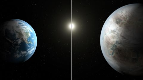 This artistic concept image compares Earth, left, with Kepler-452b, which is about 60% larger. Both planets orbit a G2-type star of about the same temperature; however, the star hosting Kepler-452b is 6 billion years old -- 1.5 billion years older than our sun.