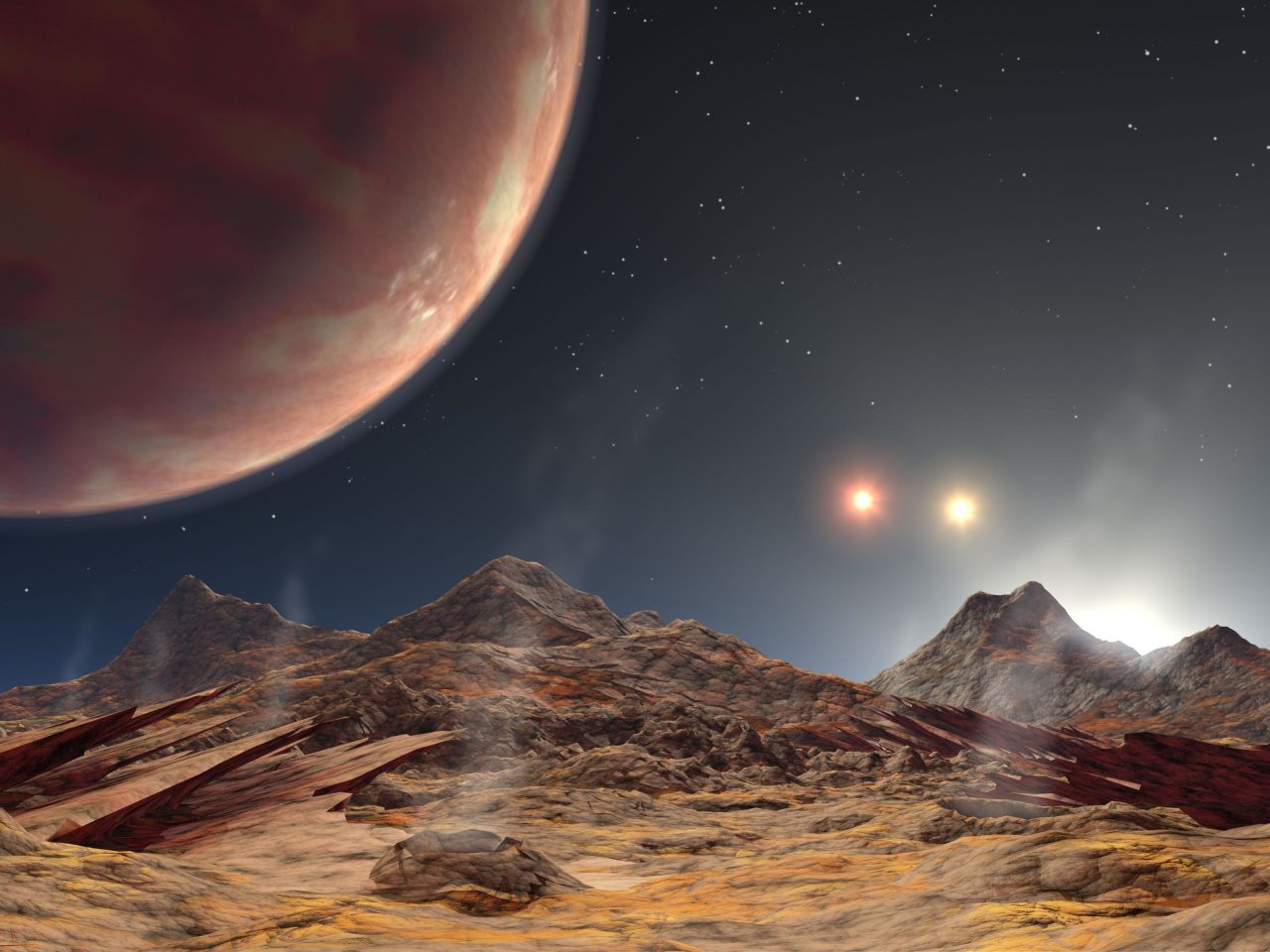 This Jupiter-like planet in the HD-188753 system, 149 light-years from Earth, has three suns. The main star is similar in mass to our own Sun. The system has been compared to Luke Skywalker's home planet Tatooine in "Star Wars."