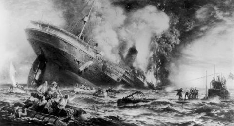 The sinking of the Cunard ocean liner Lusitania by a German U-Boat off the Irish coast in May 1915 illustrates the ruthless nature of Germany's "unrestricted submarine warfare." More than 1,200 people lost their lives, including 128 American citizens. The tragedy helped bring the U.S. into World War I. 