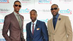 NBA players Chris Bosh, Dwyane Wade and LeBron James arrive to the T-Mobile Magenta Carpet at the 2011 NBA All-Star Game on February 20, 2011 in Los Angeles, California.  (Photo by Alberto E. Rodriguez/Getty Images)
