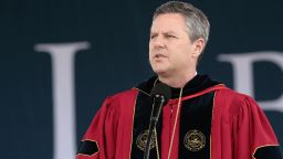Rev. Jerry Falwell Jr. speaks after Republican presidential candidate and former Massachusetts Gov. Mitt Romney delivers the commencement address at Arthur L. Williams Stadium on the campus of Liberty University on May 12, 2012 in Lynchburg, Virginia.