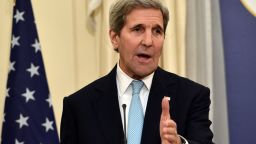 US Secretary of State John Kerry gestures during his statements to the press after meeting with Greek foreign minister at the ministry of foreign affairs in Athens on December 4, 2015. / AFP / LOUISA GOULIAMAKI  (Photo credit should read LOUISA GOULIAMAKI/AFP/Getty Images)