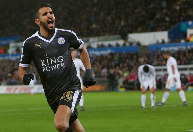 Algerian star Riyad Mahrez completes his hat-trick for table toppers Leicester at Swansea's Liberty Stadium. 