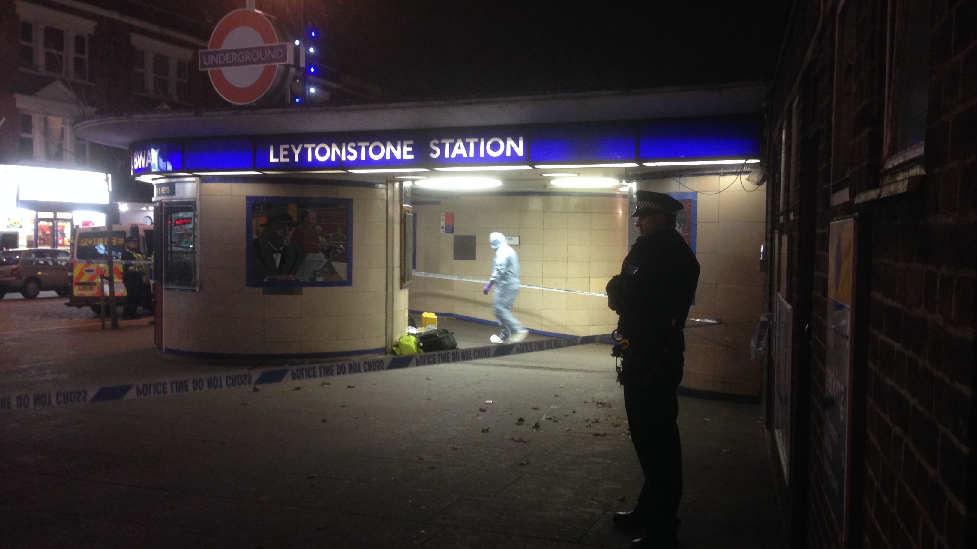 The scene outside the Leytonstone stations after a stabbing incident took place. 