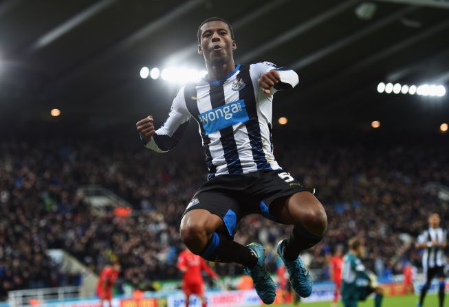 Georginio Wijnaldum of Newcastle celebrates his late goal in the 2-0 win over Liverpool at St James' Park Sunday to relieve the pressure on manager Steve McClaren.