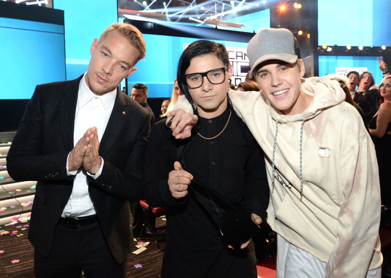 Diplo, left, Skrillex, center, and Justin Bieber are nominated for best dance recording for Bieber's single "Where Are Ü Now." "We're All We Need" by Above & Beyond featuring Zoë Johnston, "Go" by the Chemical Brothers, "Never Catch Me" by Flying Lotus featuring Kendrick Lamar and "Runaway (U & I)" by Galantis are also nominated. <br />