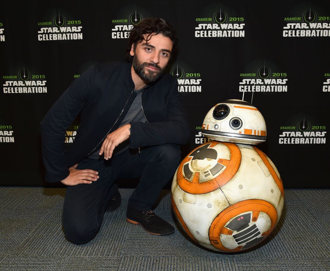 The red carpet version of BB-8 alongside actor Oscar Isaac at the Star Wars Celebration in Anaheim. Isaac plays pilot Poe Dameron, who the drone has an allegiance to -- one of the few plot points known about the film.