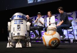 BB-8 alongside R2-D2 and director J.J. Abrams at Star Wars Celebration.