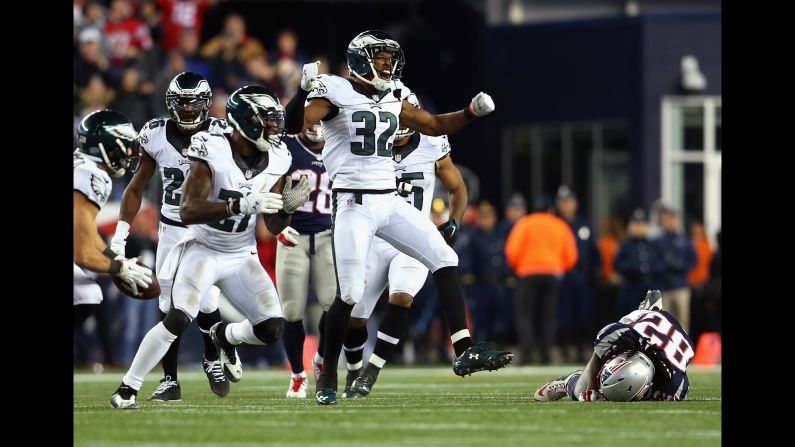 Philadelphia Eagles cornerback Eric Rowe celebrates after New England had an incomplete pass late in the game Sunday, December 6, in Foxborough, Massachusetts. The Eagles upset the defending Super Bowl champions 35-28.