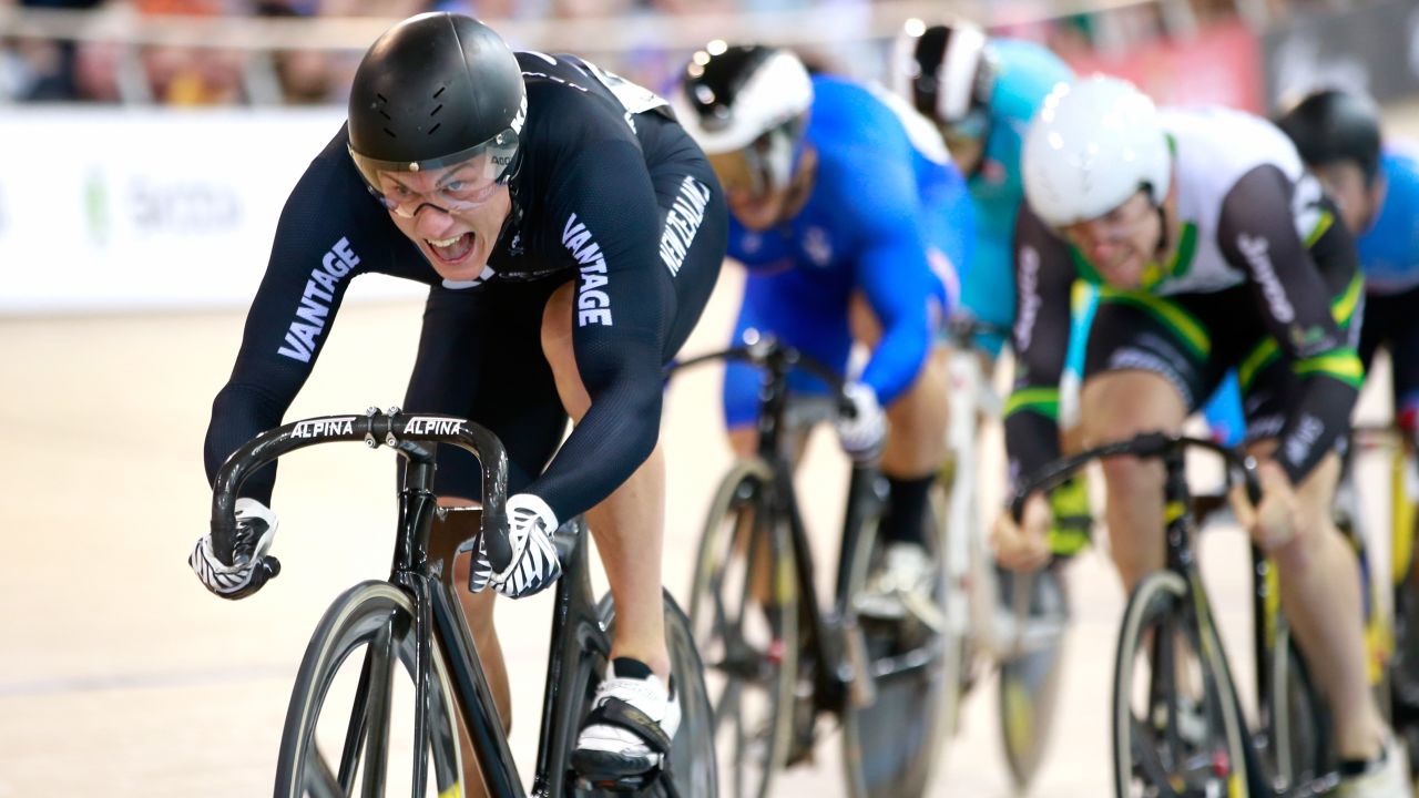 Sam Webster of New Zealand wins his Keirin heat during a World Cup event in Cambridge, New Zealand, on Saturday, December 5.