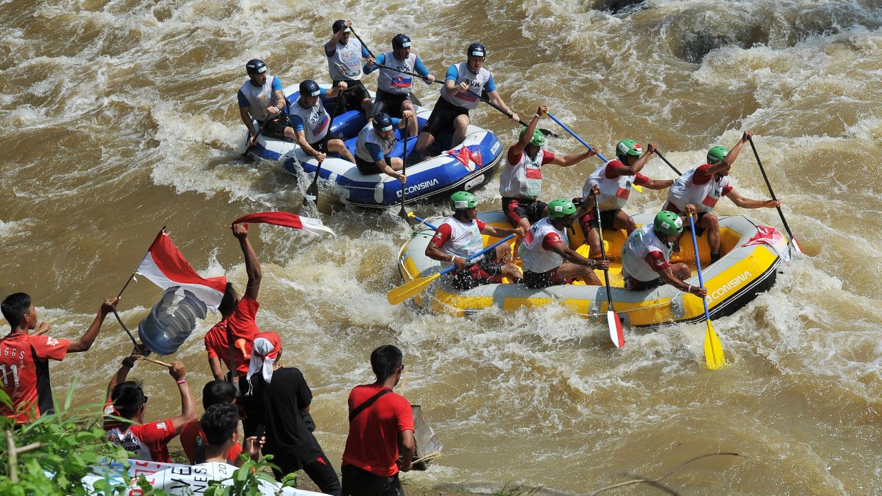 A team from Indonesia, right, competes against a team from Slovakia during the World Rafting Championships on Friday, December 4. The race took place on the Citarik River in Sukabumi, Indonesia.