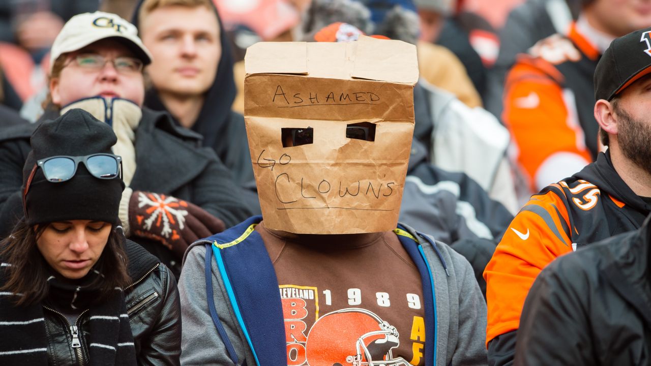 A Cleveland Browns fan shows his disappointment during an NFL game against Cincinnati on Sunday, December 6. The Browns (2-10) lost to their in-state rival 37-3.