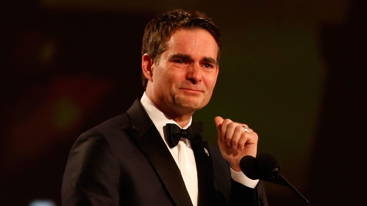 Retired NASCAR driver Jeff Gordon gets emotional as he accepts the Bill France Award of Excellence during the annual NASCAR awards show on Friday, December 4. Gordon won four Sprint Cup championships during his career.