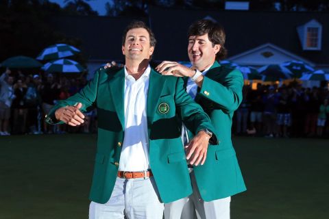 The left-hander struggled to a tie for 50th on his return to Augusta as defending champion, but he was on hand to present 2013 champion Adam Scott with his first green jacket.