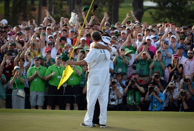 A year later, unencumbered by the duties and attention of being the defending champion, Watson won the Masters again and broke down in tears on the shoulder of caddie Ted Scott on the 18th green.