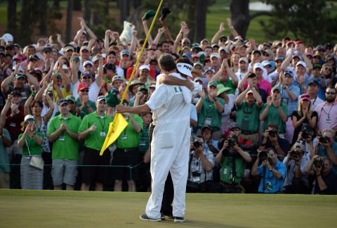 A year later, unencumbered by the duties and attention of being the defending champion, Watson won the Masters again and broke down in tears on the shoulder of caddie Ted Scott on the 18th green. 